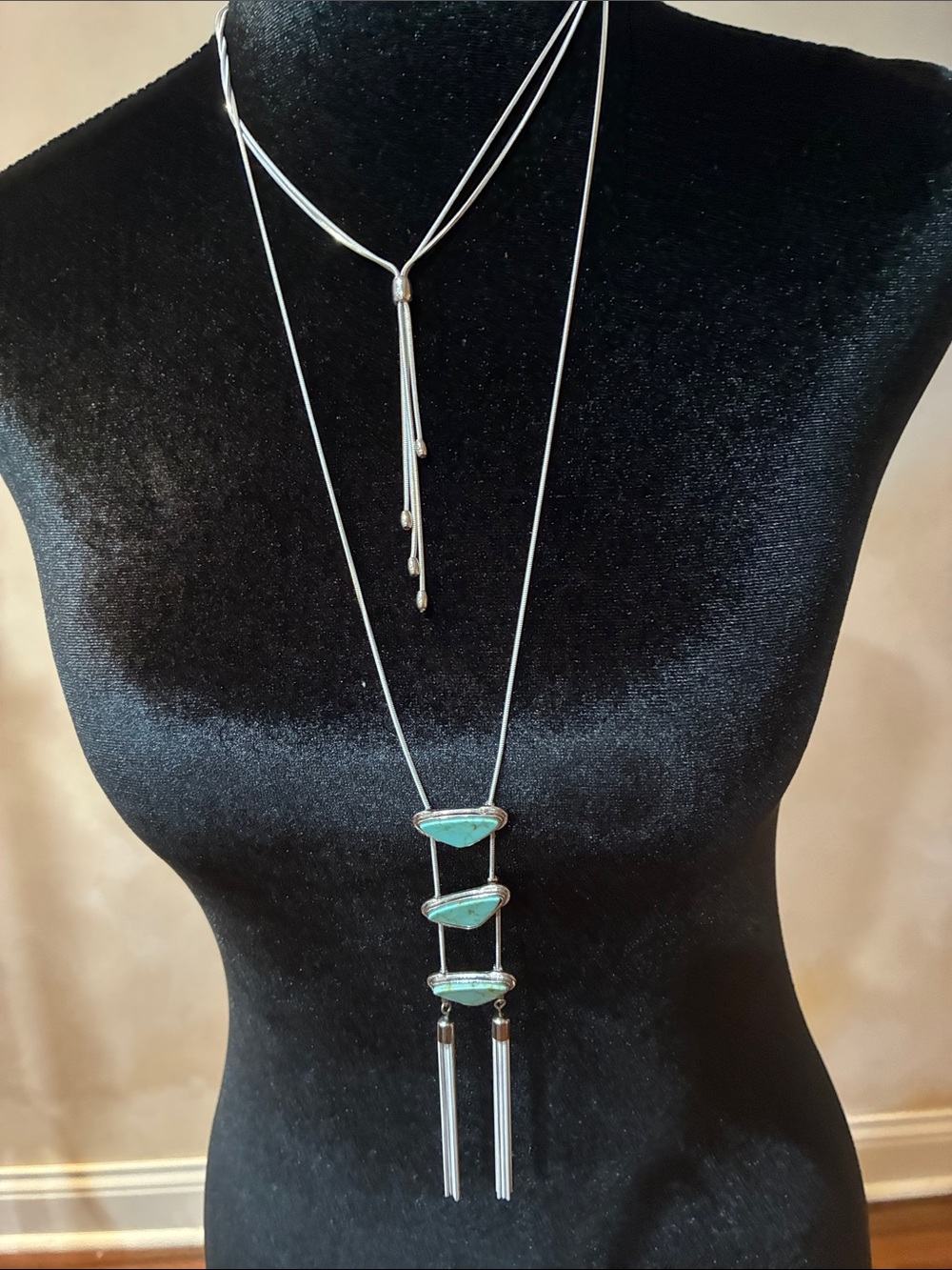 Silver Multi-Stone Long Pendant Necklace with Turquoise Accents